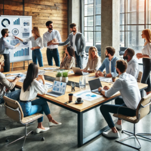 DALLE 2024-10-30 150013 - A group of professionals in casual and business-casual clothing engaged in a collaborative business planning session They are gathered around a large
