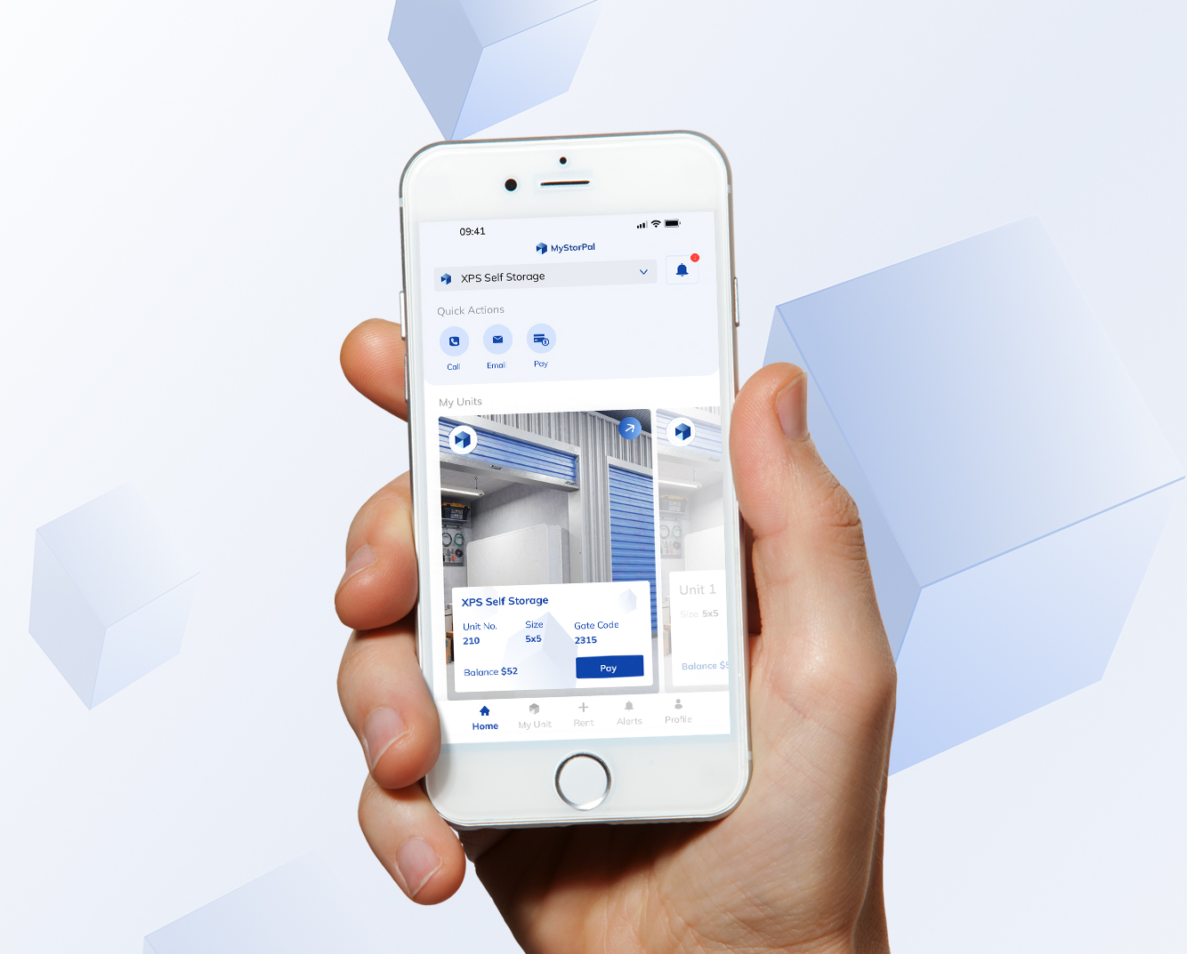 hand holding iphone displaying home screen for MyStorPal app