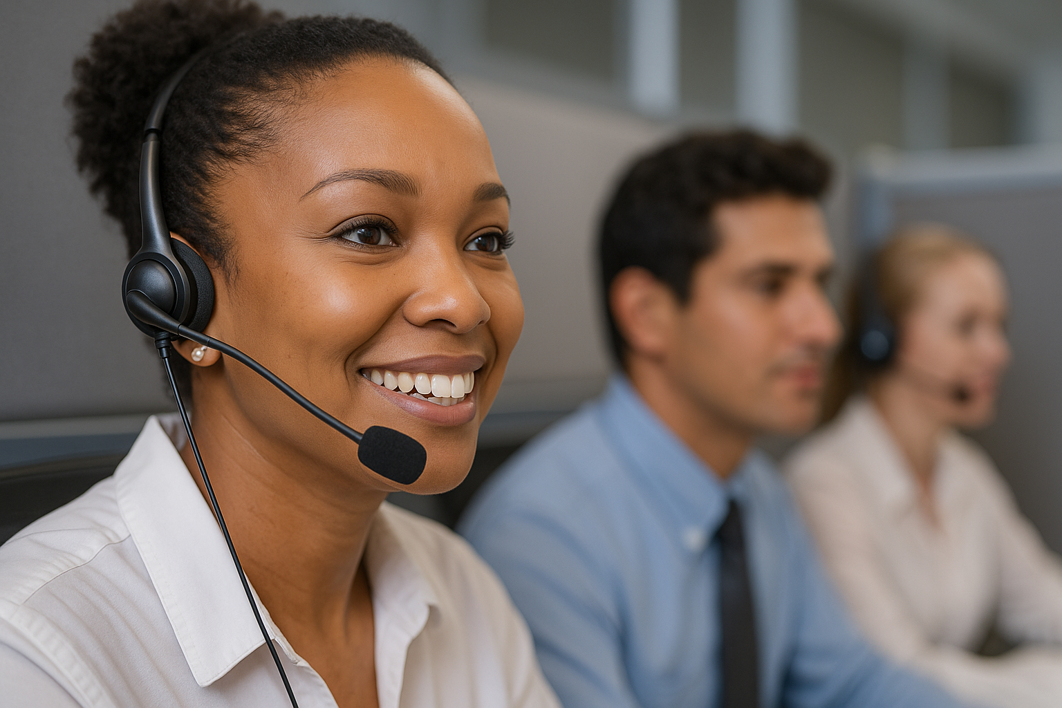 XPS call center agent answering phone smiling
